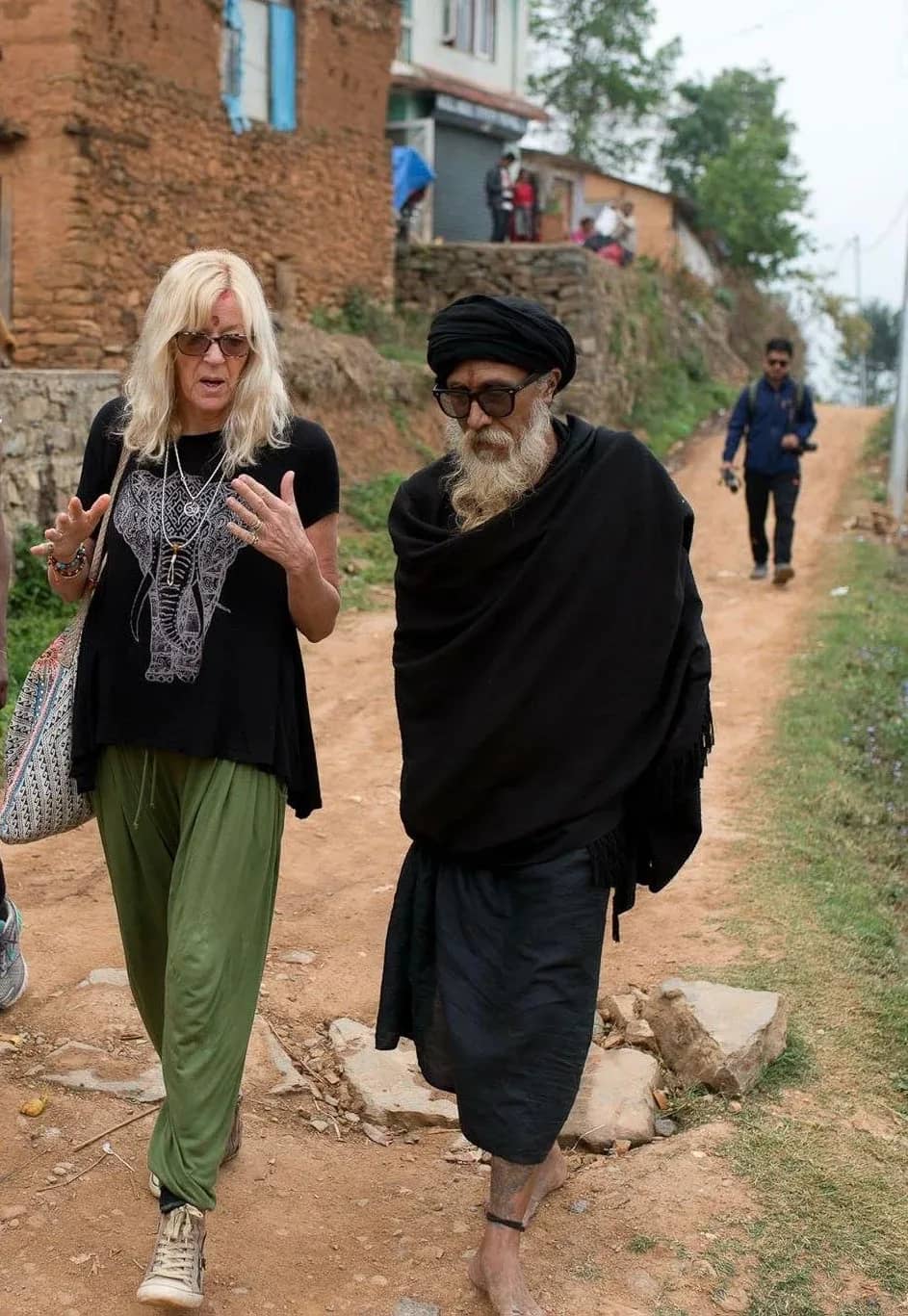 Vivien Row in India talking to a fellow Yogi